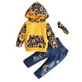 thumbnail image 1 of Odeerbi 2025 Baby Children's Girls Sunflower Leopard Hooded Sweater Denim Trousers Jeans 3pcs, 1 of 9