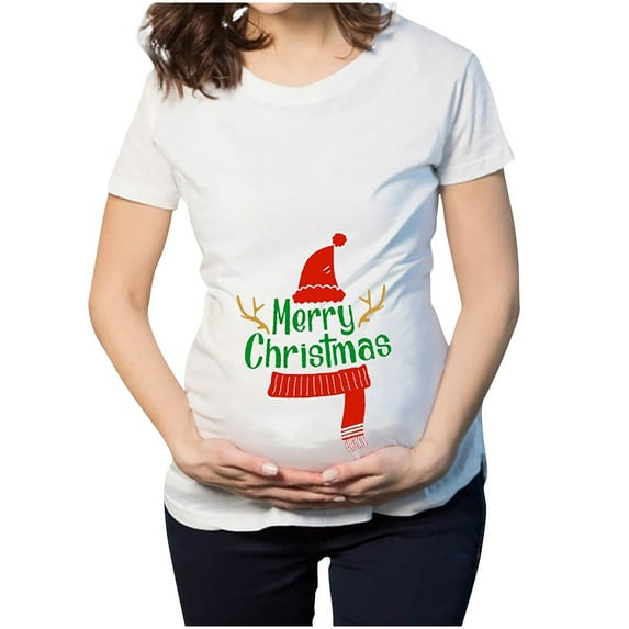 Odeerbi 2025 Christmas Maternity blouse Christmas T-shirt Elk Snowman Cartoon Print Maternity Clothing Short Sleeve Top Pregnancy T-shirt Red
