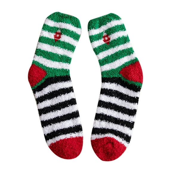 Odeerbi 2025 Christmas Socks Woman's Girls Christmas Cute Coloer Stripe Santa Claus Print Thicken Coral Fleece Keep Warm Socks Black