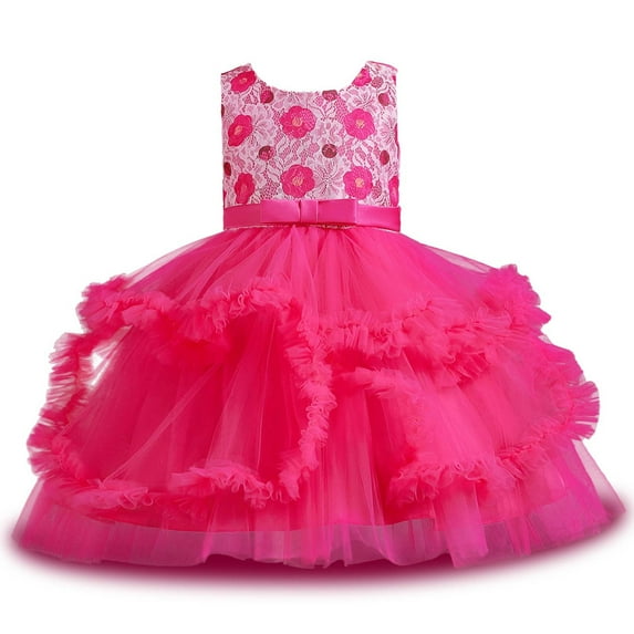 Odeerbi 2025 Kids Dress Girls Sleeveless Princess Dress Bow Tie Lace Flowers Mesh Dress Tufted Dress