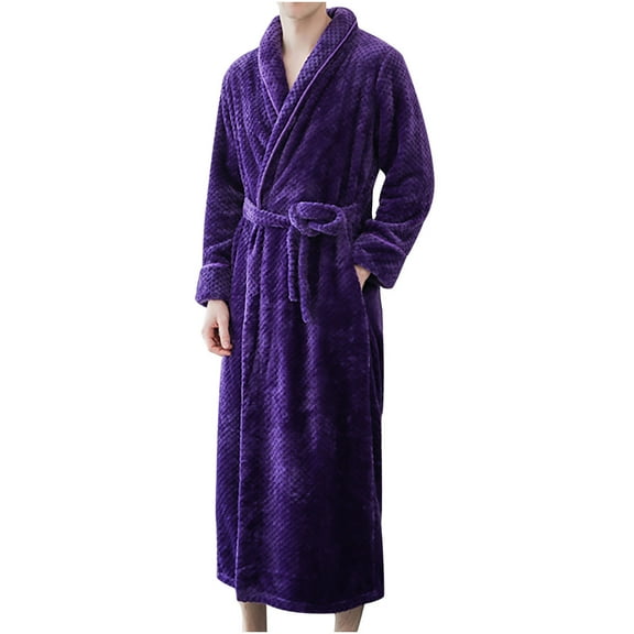 Odeerbi 2025 Men Robes Beibei Fleece Pajamas Autumn And Winter Thickening And Lengthening Flannel Warmth Bathrobe Purple