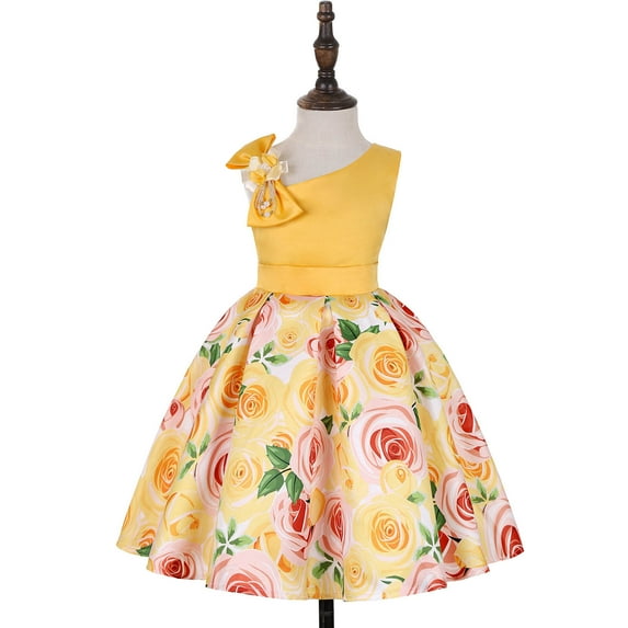 Odeerbi 2025 New Shoulder Children's Dress Rose Print Dress Skirt Girls Party outfits Festival outfits