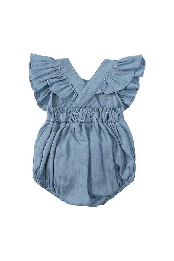 Toddler Baby Girls Cotton Linen Romper Ruffles Sleeve Backless Jumpsuit Cute Solid Color Romper