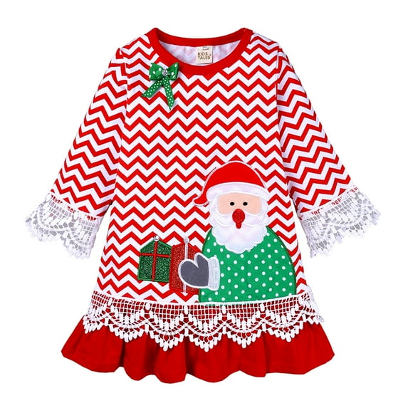 Odeerbi 2025 Toddler Girl Christmas Dress Cute Baby Girl Clothes Santa Claus Embroidered Wave Pattern Ruffle Pleated Skirt Long-sleeved Skirt