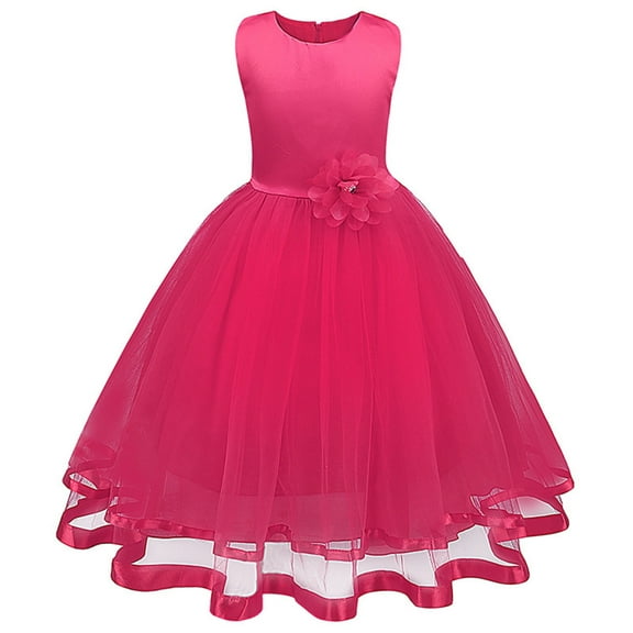 Odeerbi 2025 Toddler Girls Solid Color Flowers Net Yarn Bowknot Birthday Party Flowers Gown Kids Dresses