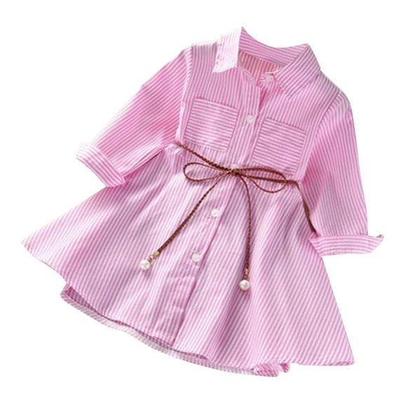 Odeerbi 3-10 Year Kids Girls Long Sleeve Striped Shirt Dress Spring Fall Cotton Tunic Dress Collar Button Midi Dress with Pocket Waistband Set Kids Girls Clothes