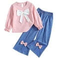 thumbnail image 1 of Odeerbi 3-10 Years Kids Girls Outfits Bow Ruffle Long Sleeve Tops Wide Leg Jeans Two-piece Set Cute Solid Color Casual Loungewear Kids Girls Clothes, 1 of 9