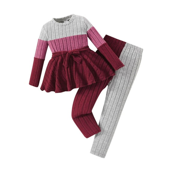 Odeerbi 3-10 Years Kids Girls Outfits Color Block Rib Knit Long Sleeve Tops Pants Two-piece Set Cute Solid Color Loungewear Kids Girls Clothes