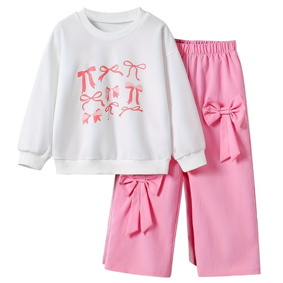 Odeerbi 3-10 Years Kids Girls Outfits Cotton Sweatsuits Bow Crewneck Sweatshirts Wide Leg Pants Two-piece Set Cute Solid Color Bowknot Top Pants Kids Girls Clothes