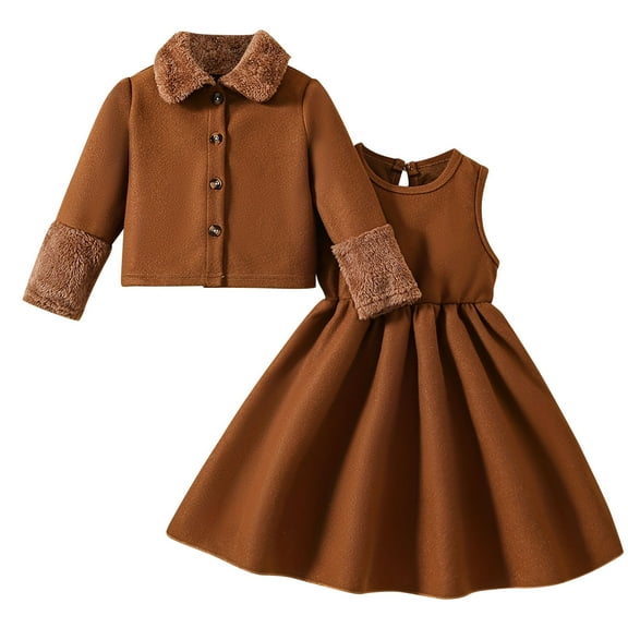 Odeerbi 3-10 Years Kids Girls Winter Outfits Long Sleeve Wool Coat Tank Dress Two-piece Set Cute Solid Color Button Woolen Overcoat Warm Dress Set Kids Girls Clothes