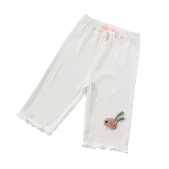 Odeerbi 3-10 Years Toddler Boys Girls Summer Modal Bermuda Shorts Lettuce Trim Rabbit Embroidered Capris Solid Color Casual Cropped Pants