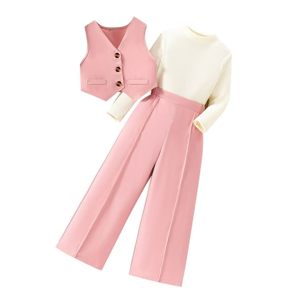 Odeerbi 3-10 Years Toddler Girls Suits Long Sleeve Mock Neck Tops Dress Pants Waistcoat Set Kids Fashion Cute Solid Color Three Pieces Set Toddler Girls Clothes