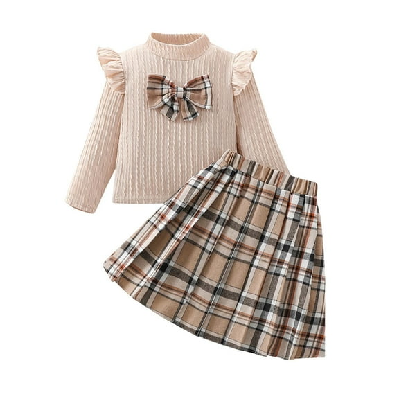 Odeerbi 3-10 Years Toddler Girls Wool Skirt Set Long Sleeve Mock Neck Tops with Plaid Pleated Skirt Two-piece Set Cute Lattice Print Outfits Toddler Girls Clothes