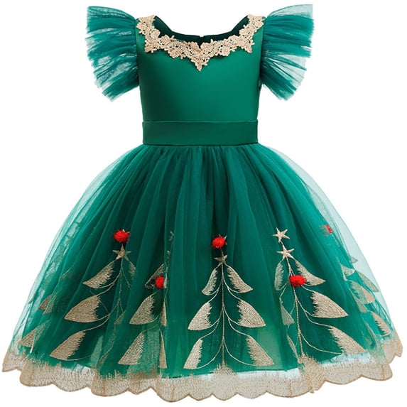 Odeerbi 3-10 Years Toddler Kids Girls Vintage Christmas Tree Embroidered Princess Dress Tulle Ruffle Sleeve Lace Neckline Gown for Birthday Party