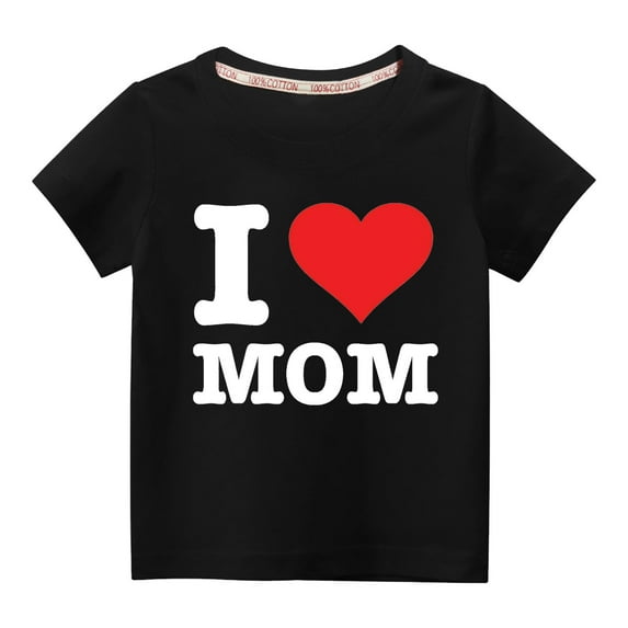 Odeerbi 3-10Y Kids Boys Girls Mother's Day Cotton T-shirt Toddler Fashion Cute Solid Color Round Neck Heart Print Short Sleeve Top Baby Clothes Black