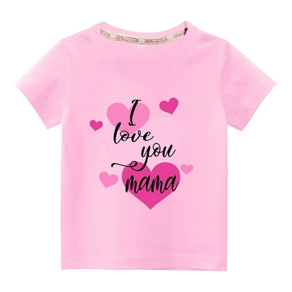 Odeerbi 3-10Y Kids Boys Girls Valentine's Day Cotton T-shirt Toddler Fashion Cute Solid Color Round Neck Heart Print Short Sleeve Top Baby Clothes Pink