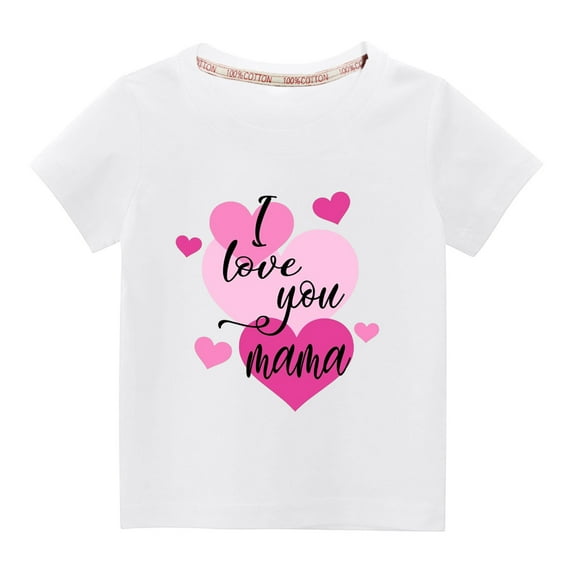 Odeerbi 3-10Y Kids Boys Girls Valentine's Day Cotton T-shirt Toddler Fashion Cute Solid Color Round Neck Heart Print Short Sleeve Top Baby Clothes White