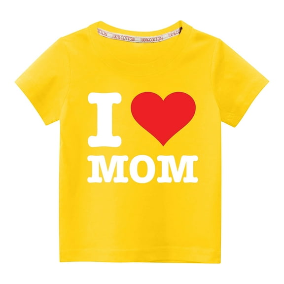 Odeerbi 3-10Y Toddler Boys Girls Mother's Day Cotton T-shirt Kids Fashion Cute Solid Color Round Neck Heart Print Short Sleeve Top Baby Clothes Yellow