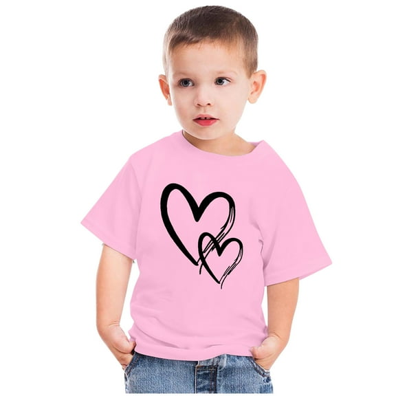 Odeerbi 3-10Y Toddler Boys Girls Valentine's Day Cotton T-shirt Kids Fashion Cute Round Neck Print Tee Short Sleeve Tops Baby Clothes Pink