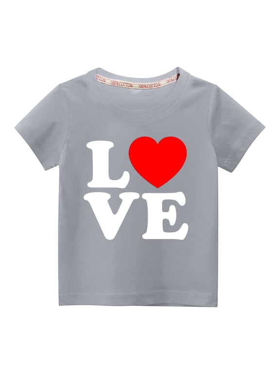 3-10Y Toddler Boys Girls Valentine's Day Cotton T-shirt Kids Fashion Cute Solid Color Round Neck Heart Print Short Sleeve Top Baby Clothes Gray