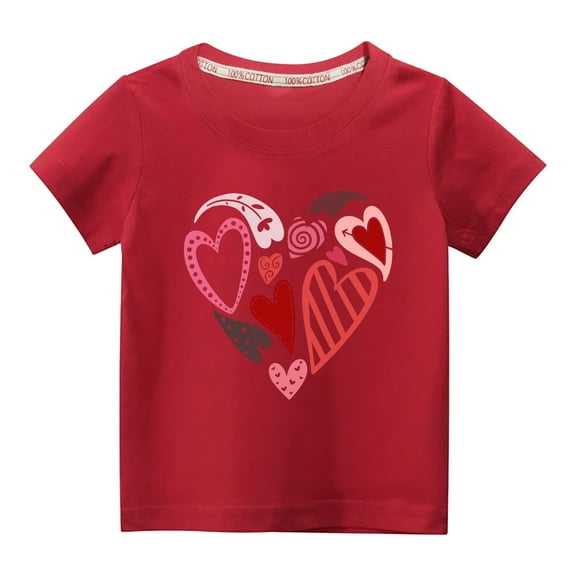 Odeerbi 3-10Y Toddler Boys Girls Valentine's Day Cotton T-shirt Kids Fashion Cute Solid Color Round Neck Heart Print Short Sleeve Top Baby Clothes Red