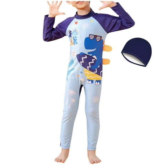 Odeerbi 3-11 Years Kids Boys Long Sleeve Rash Guard Swimsuits with Swim Cap Set One Piece Athletic Training Swimsuit Summer Beach Surfing Swimwear Cute Long Swim Jumpsuit