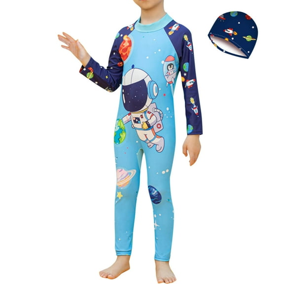 Odeerbi 3-11 Years Kids Boys Long Sleeve Rash Guard Swimsuits with Swim Cap Set One Piece Athletic Training Swimsuit Surfing Swimwear Cute Print Jumpsuit Swimming Pants