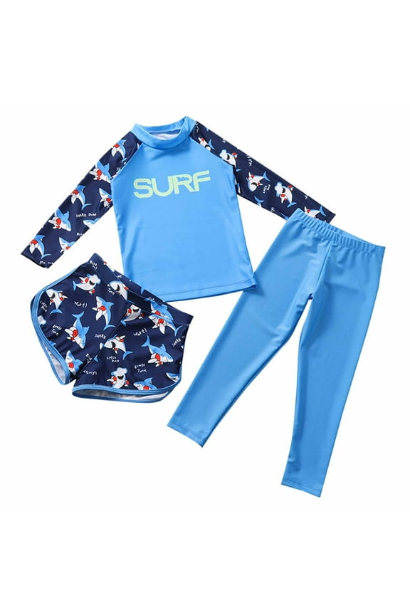 3-11 Years Toddler Boys Long Sleeve Rash Guard Swimsuits Summer Beach Three Pieces Athletic Training Swimsuit Hawaiian Surfing Swimwear Split Bathing Suit Swim Leggings Set
