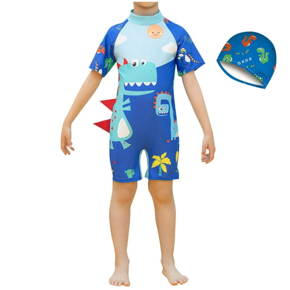 Odeerbi 3-11 Years Toddler Boys One Piece Athletic Training Swimsuit with Swim Cap Set Summer Beach Surfing Swimsuit Cute Dinosaur Beachwear Short Sleeve Swim Jumpsuit