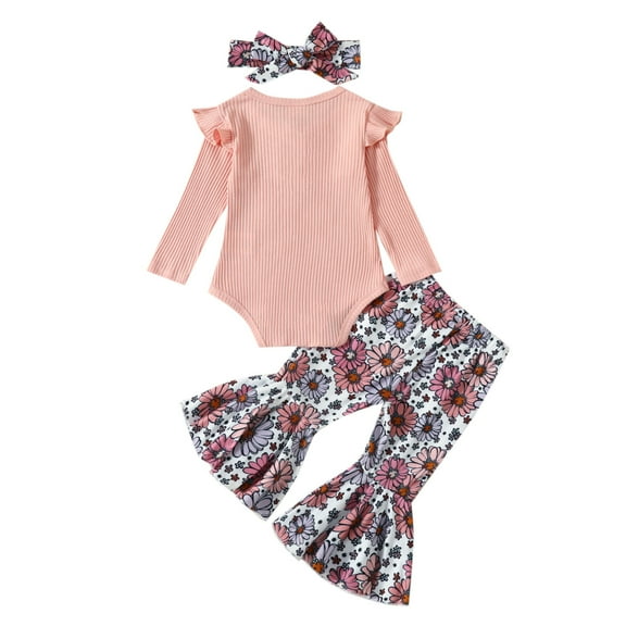 Odeerbi 3-12 Months Toddler Girls Outfits Layette Set Rib Knit Bodysuit Floral Flared Pants with Headband Set Ruffle Tops Elastic Waist Bell Bottom Trousers Toddler Girls Clothes