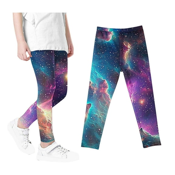 Odeerbi 3-12 Years Kids Girls Leggings Starry Sky Print Stretchy Tights Compression Pants Starlit High Waist Soft Pantyhose