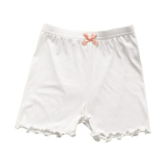 Odeerbi 3-12Y Kids Girls Cotton Bike Shorts Lettuce Trim Cartwheel Shorts Soft Bow Dance Yoga Shorts Children's Solid Color Safety Under Dress Shorts Three Quarter Leggings White