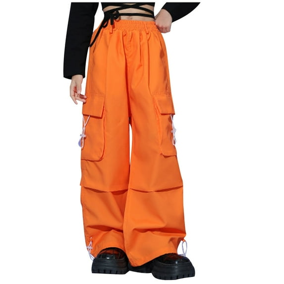 Odeerbi 3-14 Years Kids Boys Girls Cargo Pants Athletic Sports Wide Leg Pants Spring Solid Color Loose Work Pants with Multiple Pockets