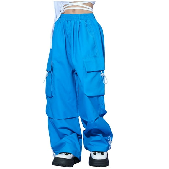Odeerbi 3-14 Years Kids Boys Girls Cargo Pants Athletic Sports Wide Leg Pants Spring Solid Color Loose Work Pants with Multiple Pockets