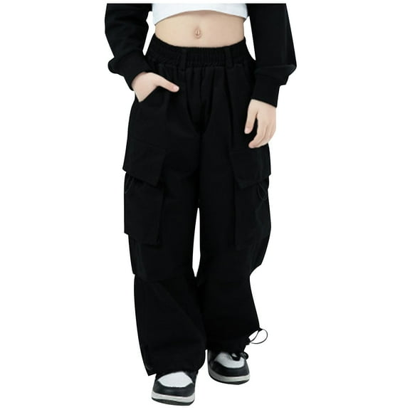 Odeerbi 3-14 Years Kids Girls Cargo Pants Athletic Sports Wide Leg Pants Spring Solid Color Loose Work Pants with Multiple Pockets
