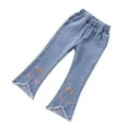 thumbnail image 1 of Odeerbi 3-14 Years Kids Girls Flared Jeans Raw Hem Cute Embroidered Denim Pants Spring Summer Elastic Waist Cowboy Full Length Pants with Pocket, 1 of 3