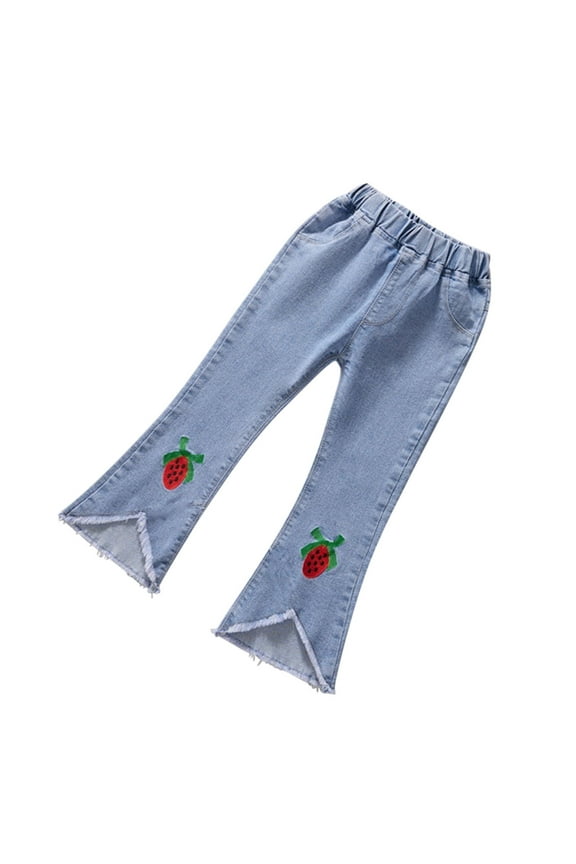 3-14 Years Kids Girls Flared Jeans Raw Hem Cute Strawberry Embroidered Denim Pants Spring Summer Elastic Waist Cowboy Full Length Pants with Pocket