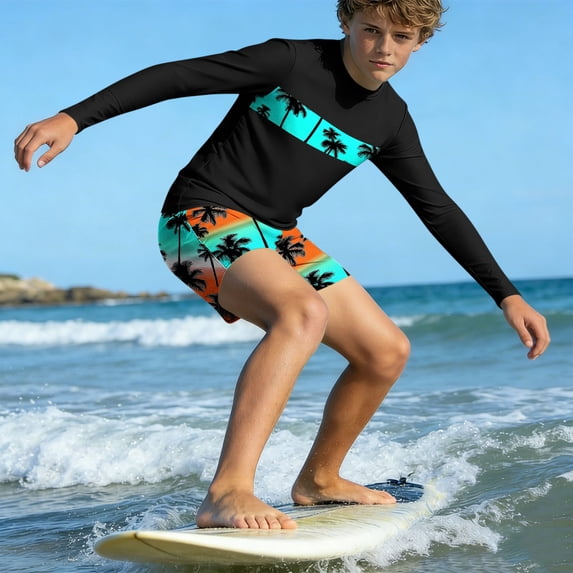 Odeerbi 3-14 Years Toddler Kids Teen Boys 2-Piece Long Sleeve Rash Guard Set Hawaiian UPF 50+ Quick Dry Surfing Swimsuit with Board Shorts