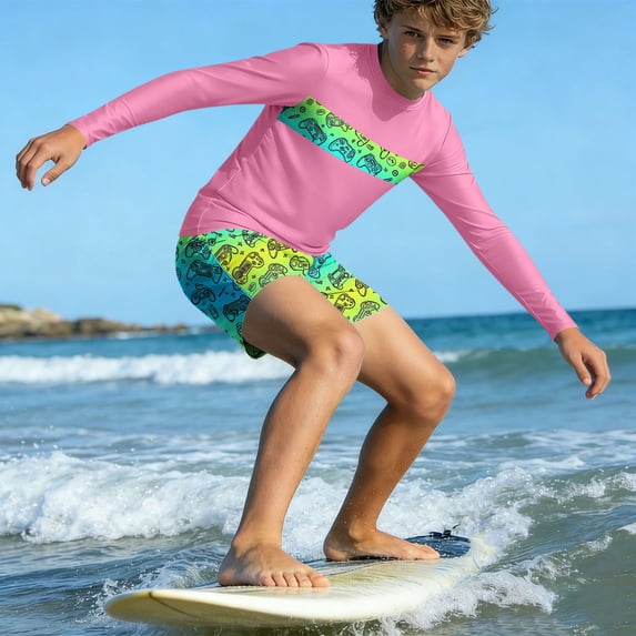 Odeerbi 3-14 Years Toddler Kids Teen Boys 2-Piece Long Sleeve Rash Guard Set Hawaiian UPF 50+ Quick Dry Surfing Swimsuit with Board Shorts