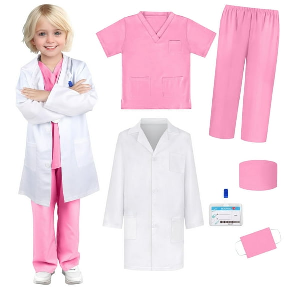 Odeerbi 3-15 Years Kids Boys Girls Scrubs Set Stage Performance Outfits Children's 100 Days of School White Coat Dress Up Nurse Uniform Little Gown Set Kids Boys Girls Clothes