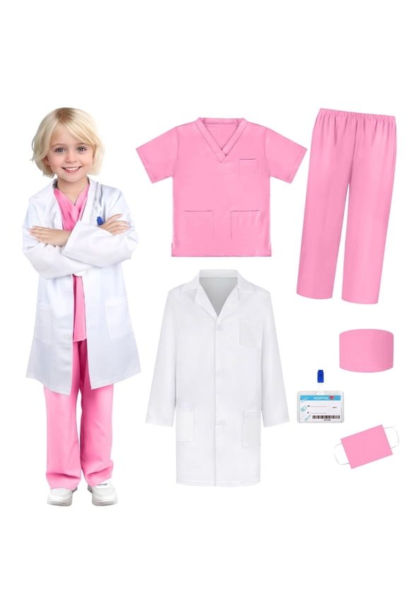 3-15 Years Kids Boys Girls Scrubs Set Stage Performance Outfits Children's 100 Days of School White Coat Dress Up Nurse Uniform Little Gown Set Kids Boys Girls Clothes