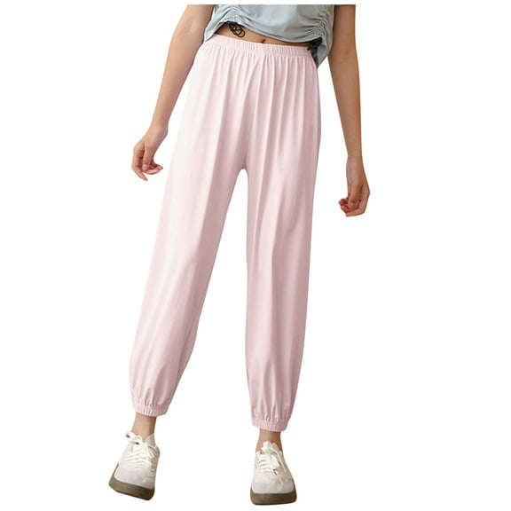 Odeerbi 3-15 Years Kids Girls Ice Silk Sweatpants Summer Workout Athletic Sports Jogger Pants Solid Color Casual Comfortable Joggers