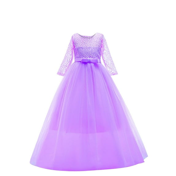 Odeerbi 3-15 Years Kids Girls Tulle Tutu Long Princess Dress Long Sleeve Flower Girl Dress Cute Bow Birthday Party Evening Dress Gowns Kids Girls Clothes