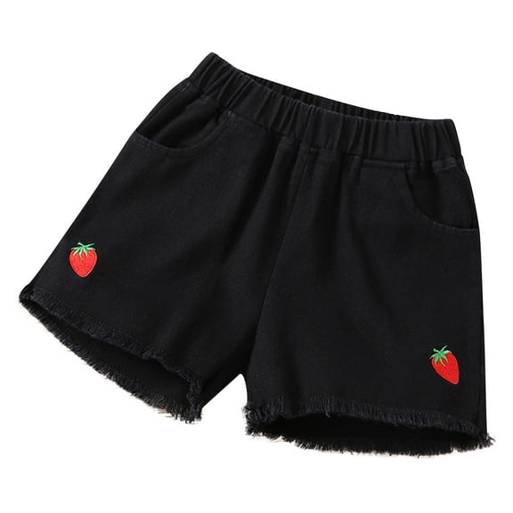 Odeerbi 3-15 Years Toddler Boys Girls Summer Raw Hem Denim Shorts Strawberry Embroidery Cotton Shorts Loose Comfortable Elastic Waist Casual Shorts