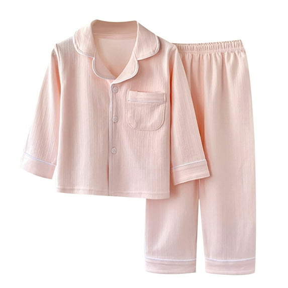 Odeerbi 3-16 Years Kids Boys Girls Cotton Pajamas Notched Lapel Long Sleeve Tops Pants Set Soft Loungewear Solid Color Sleepwear Two-piece Pajama Sets Kids Boys Girls Clothes