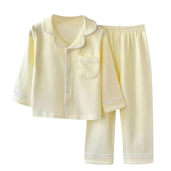 Odeerbi 3-16 Years Kids Boys Girls Cotton Pajamas Notched Lapel Long Sleeve Tops Pants Set Soft Loungewear Solid Color Sleepwear Two-piece Pajama Sets Kids Boys Girls Clothes