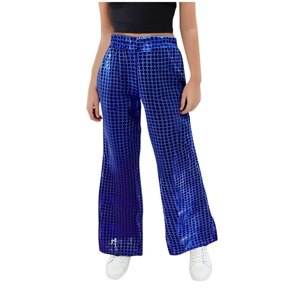 Odeerbi 3-16 Years Kids Boys Girls Sequin Flared Pants Bell Bottom Trousers Solid Color Polka Sparkly Pants