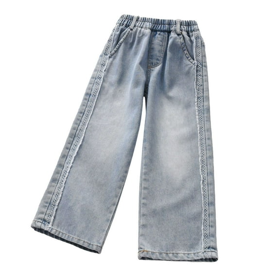 Odeerbi 3-16 Years Toddler Girls Wide Leg Jeans Solid Color Denim Pants Mid Waist Loose Pants with Pocket