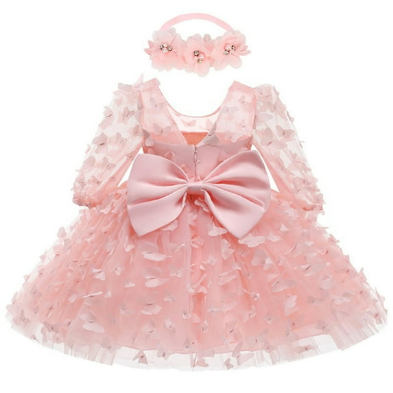 Odeerbi 3-24 Months Baby Girls Butterfly Tulle Gowns Baby Shower Dresses with Headband Bow Cotton Birthday Party Dress Fashion Long Sleeve Splicing Mesh Dress Baby Girls Clothes