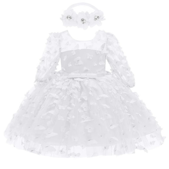 Odeerbi 3-24 Months Baby Girls Butterfly Tulle Gowns Baby Shower Dresses with Headband Bow Cotton Birthday Party Dress Fashion Long Sleeve Splicing Mesh Dress Baby Girls Clothes